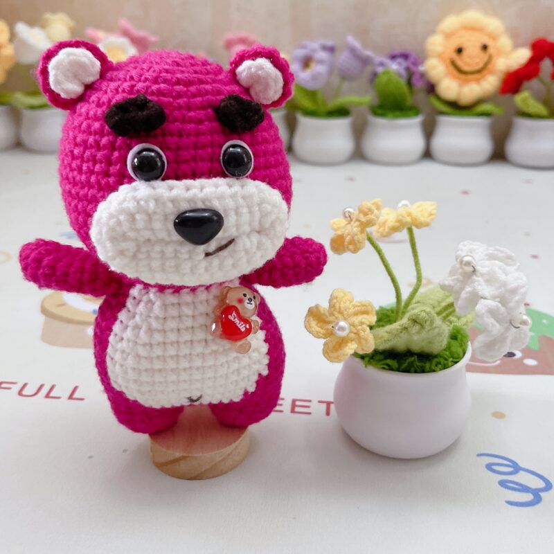 Adorable handmade crocheted strawberry bear available in two sizes!