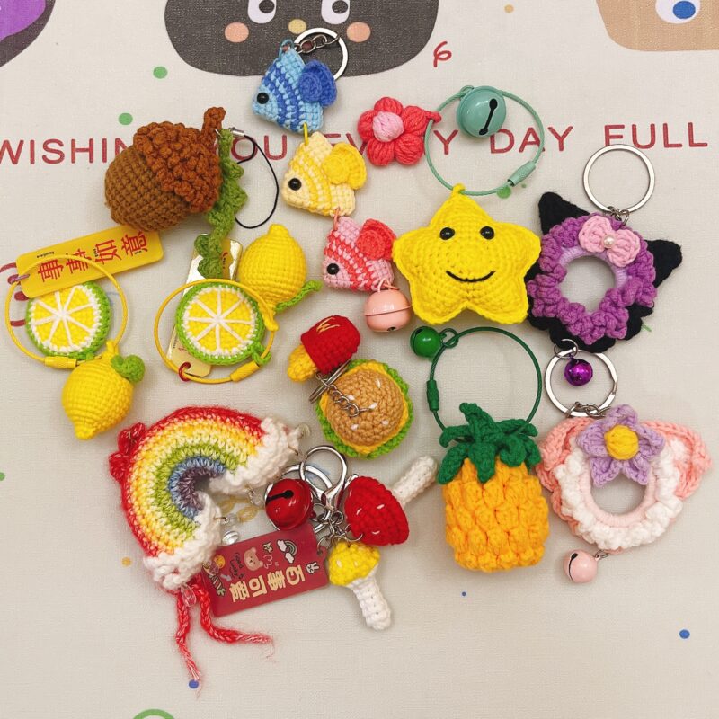 Hand crocheted some cute little charms ,have cute fruits, mushrooms, stars, fish, rainbows and more!